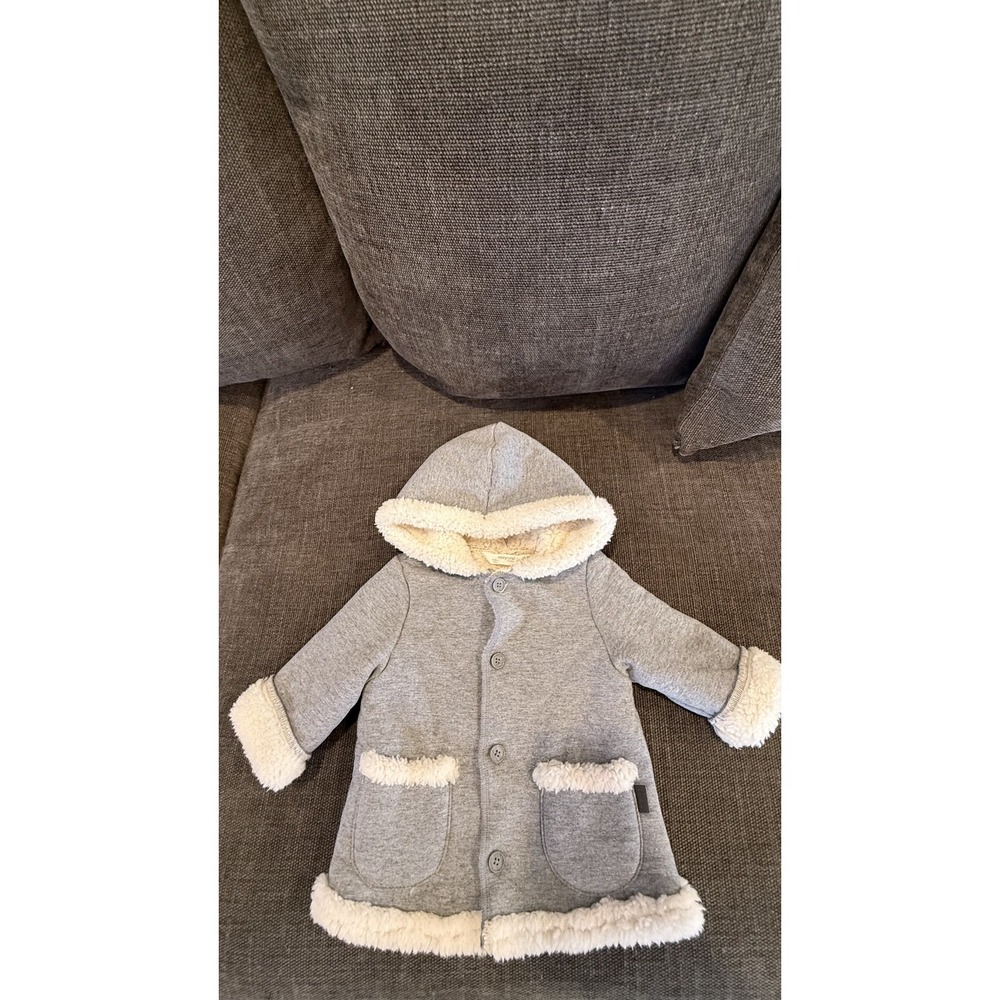 Mayoral Coat Girls 3-6 Months Gray Sherpa Fleece Lined Hooded Lamb Trim 2402